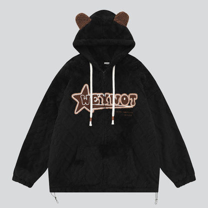 Fluffy Embroidery Zip-front Hoodies