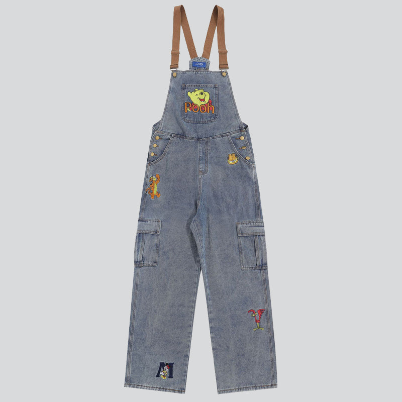 Classic Cartoon Embroidery Denim Overalls