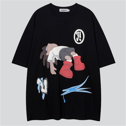 Cartoon Fallen Boy Print Oversized Tees