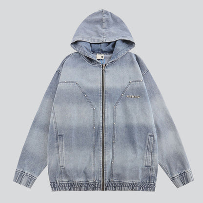 Zipped Denim Hoodie with Rivets