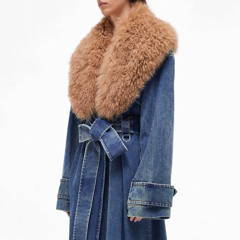 Detachable Faux Fur Collar Denim Coat