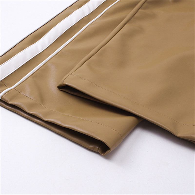 Artificial Leather Side Stripes Pants