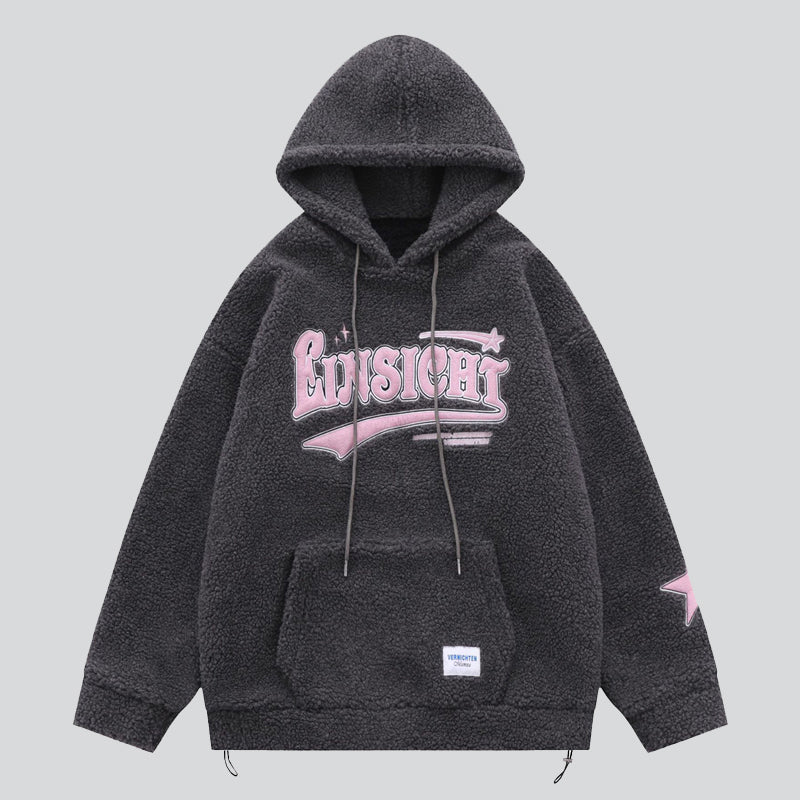 Faux Lambswool Letter Patch Hoodie