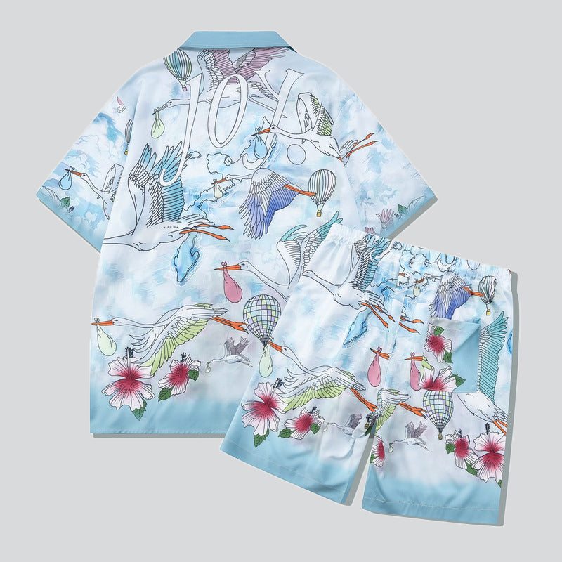 Red Hibiscus Flower Flying Crane Print Hawaiian Sets