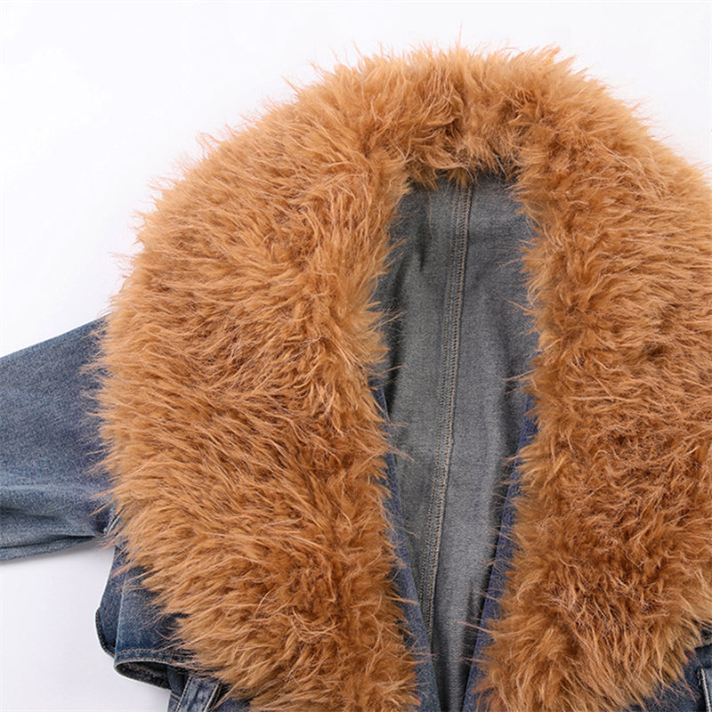 Detachable Faux Fur Collar Denim Coat