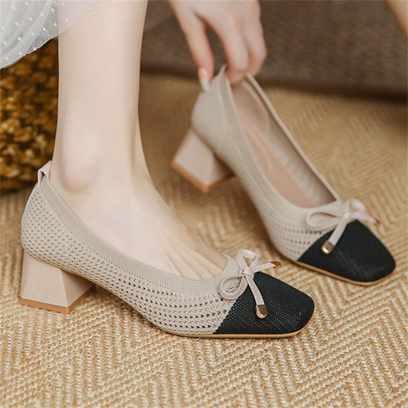 Elegant Pearl Bowknot Chunky Heels