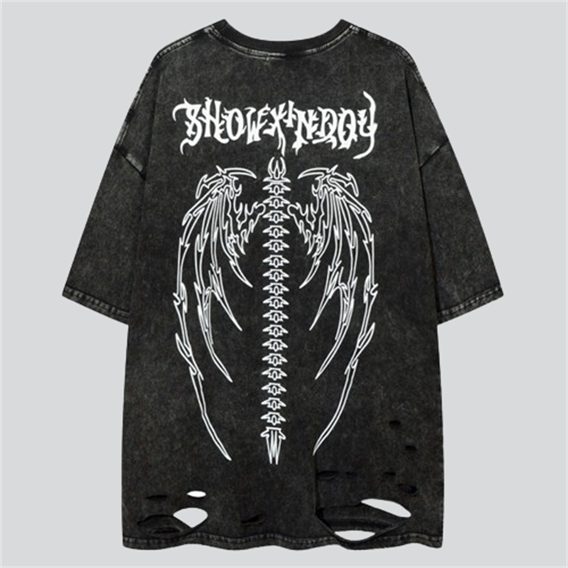 Skeleton Wings Letter Print Ripped Holes Tees