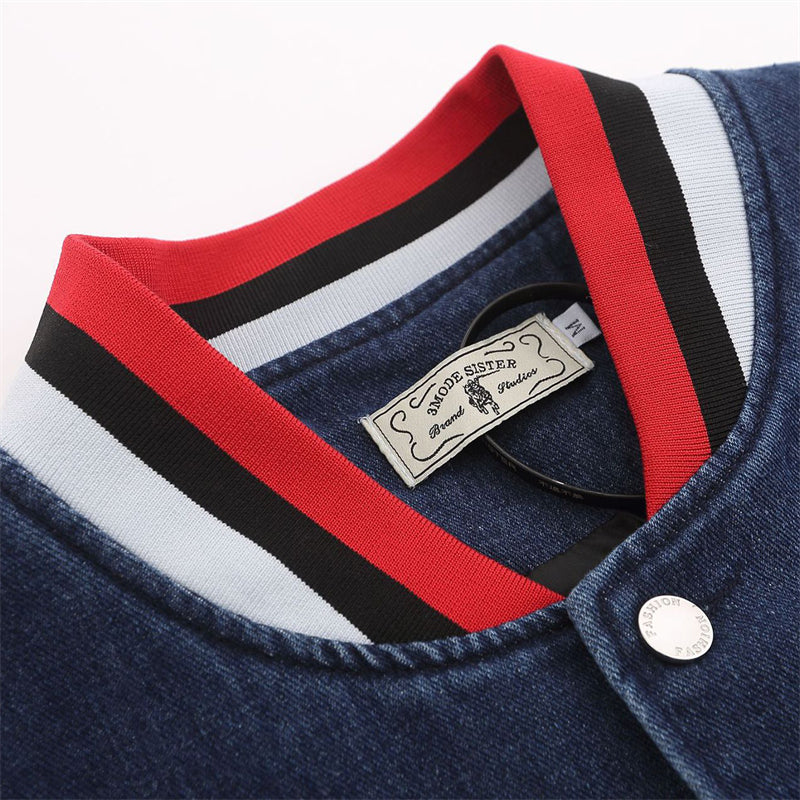 Striped Stand Collar Embroidery Denim Jacket