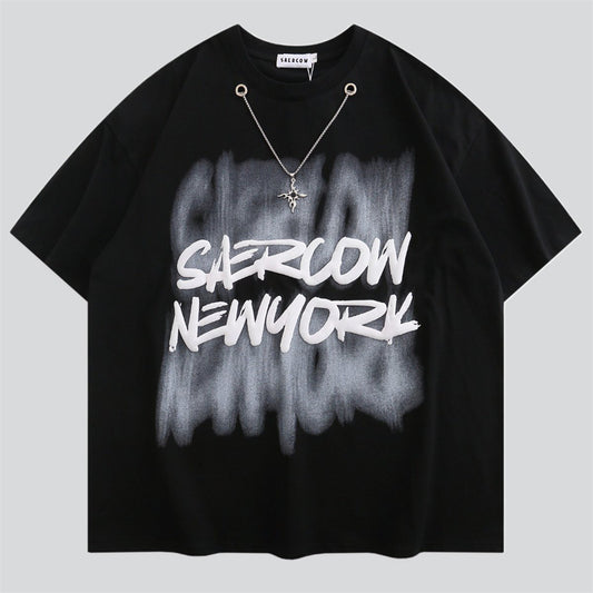 Blurry Letter Print Metal Chain Tees