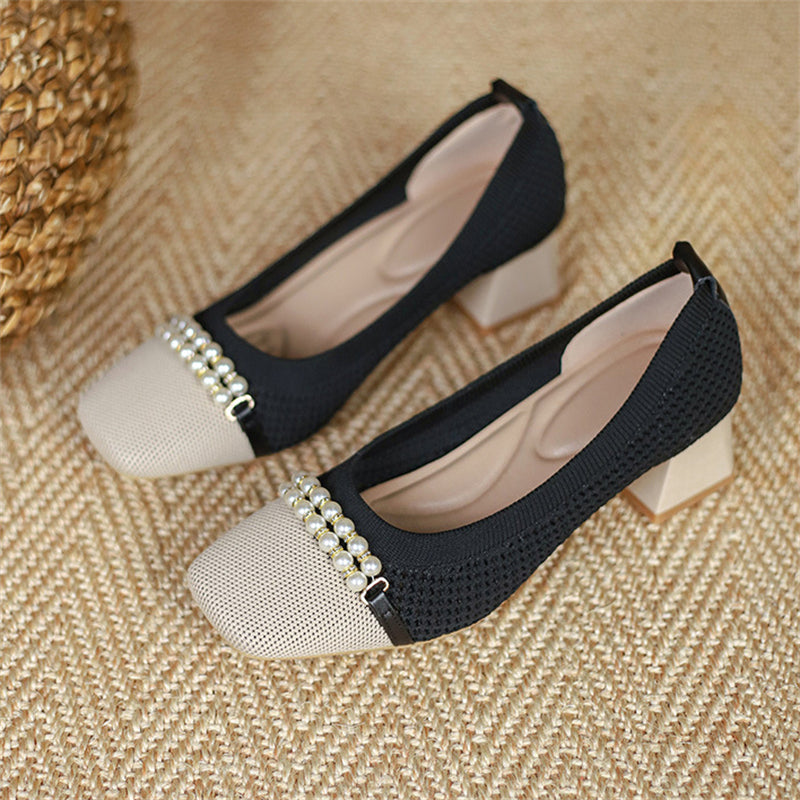 Elegant Pearl Bowknot Chunky Heels