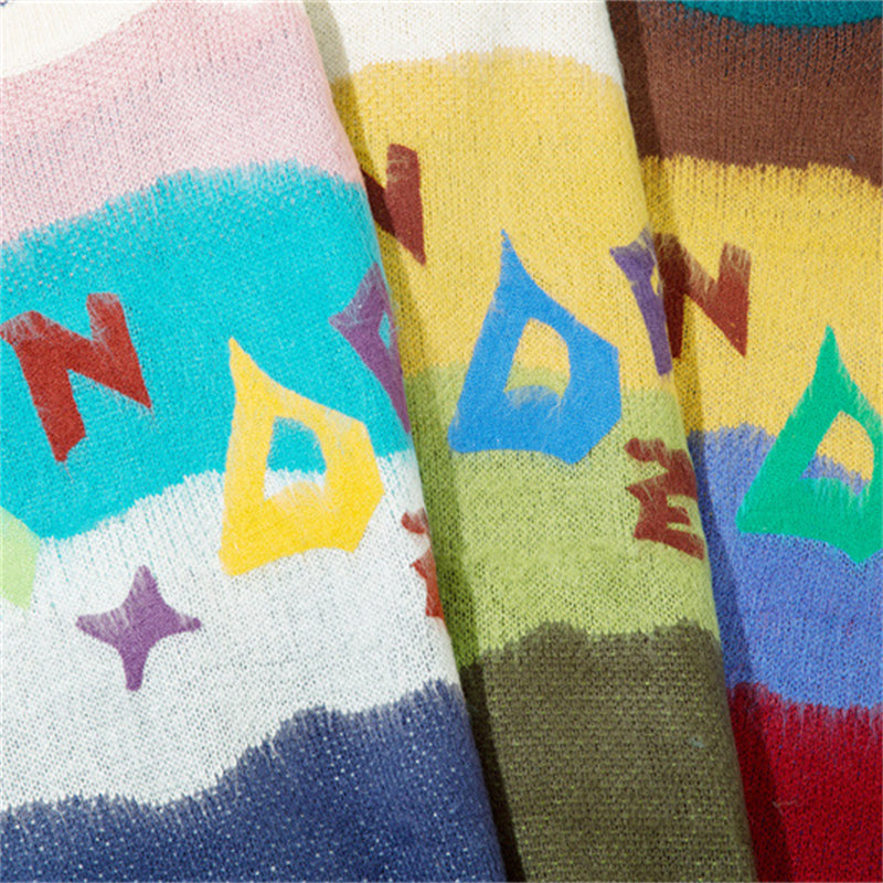 Multicolour Stripes Letter Embroidery Sweater