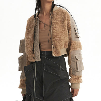 Faux Lambswool Multi-pocket Cropped Coat