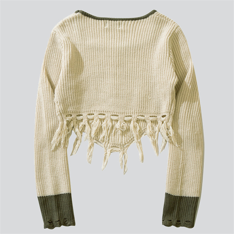 Square Neck Ripped Tassel Sweater