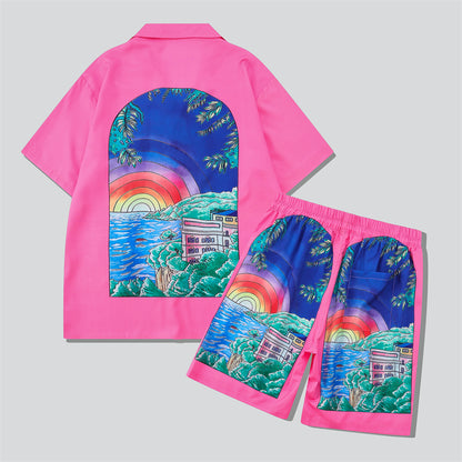 Pink Short Sets with Ocean Rainbow Print