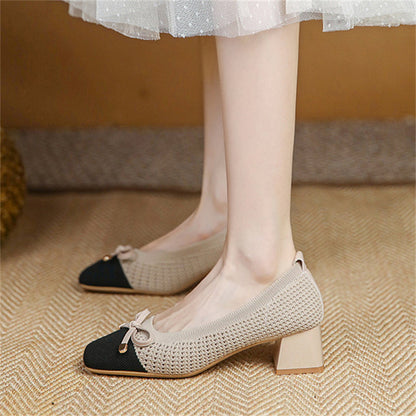 Elegant Pearl Bowknot Chunky Heels