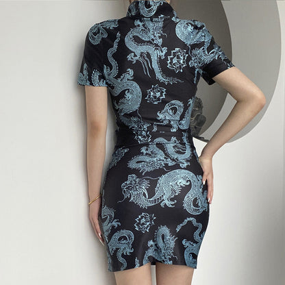 Loong Lotus Print Cheongsam Dress