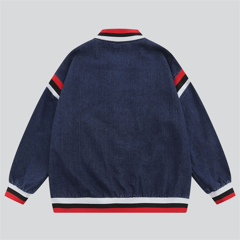 Striped Stand Collar Embroidery Denim Jacket
