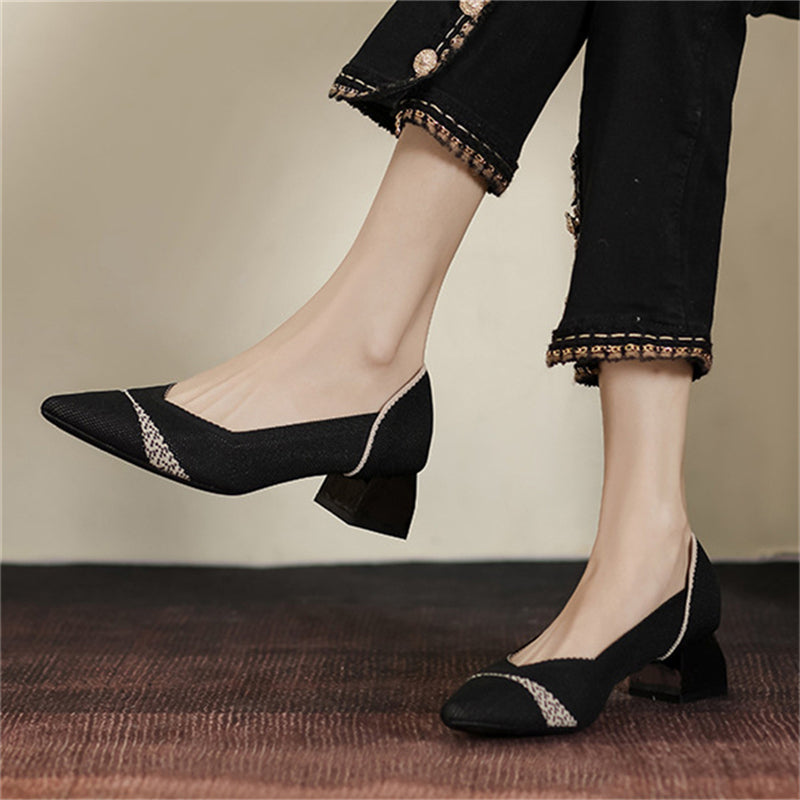 Casual Contrast Color Pointed Toe Chunky Heels