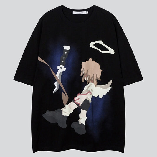 Cartoon Angel Boy Sword Print Tees