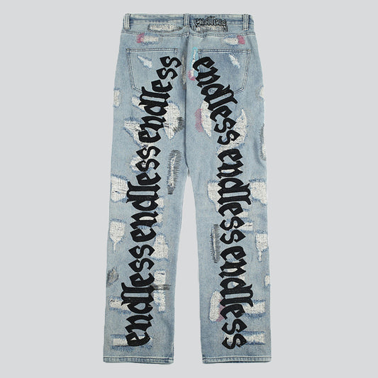 Letters Embroidered Trendy Ripped Jeans