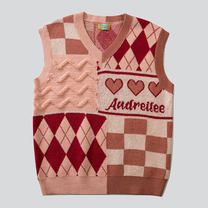 Vintage Plaid Love Heart Knitted Vest