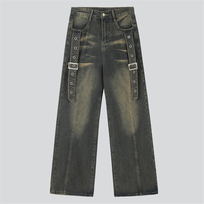 Metal Buckle Belt Vintage Straight-Leg Jeans