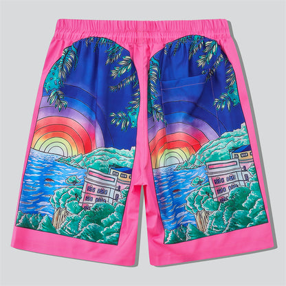 Pink Short Sets with Ocean Rainbow Print