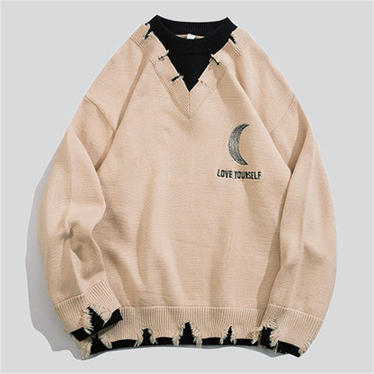 Moon Embroidery Fake Two-Piece Sweater