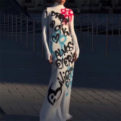 Flower Heart Letter Graffiti Print Dress