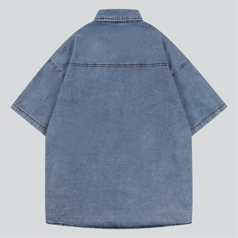 Animal Letter Embroidery Summer Denim Shirt