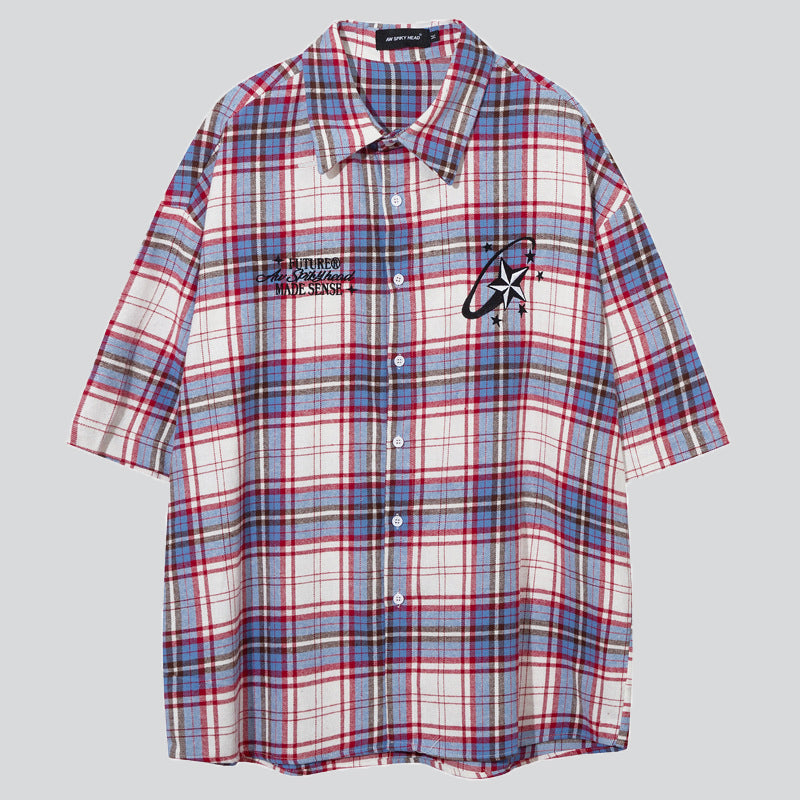 White Blue Plaid Summer Embroidery Shirt