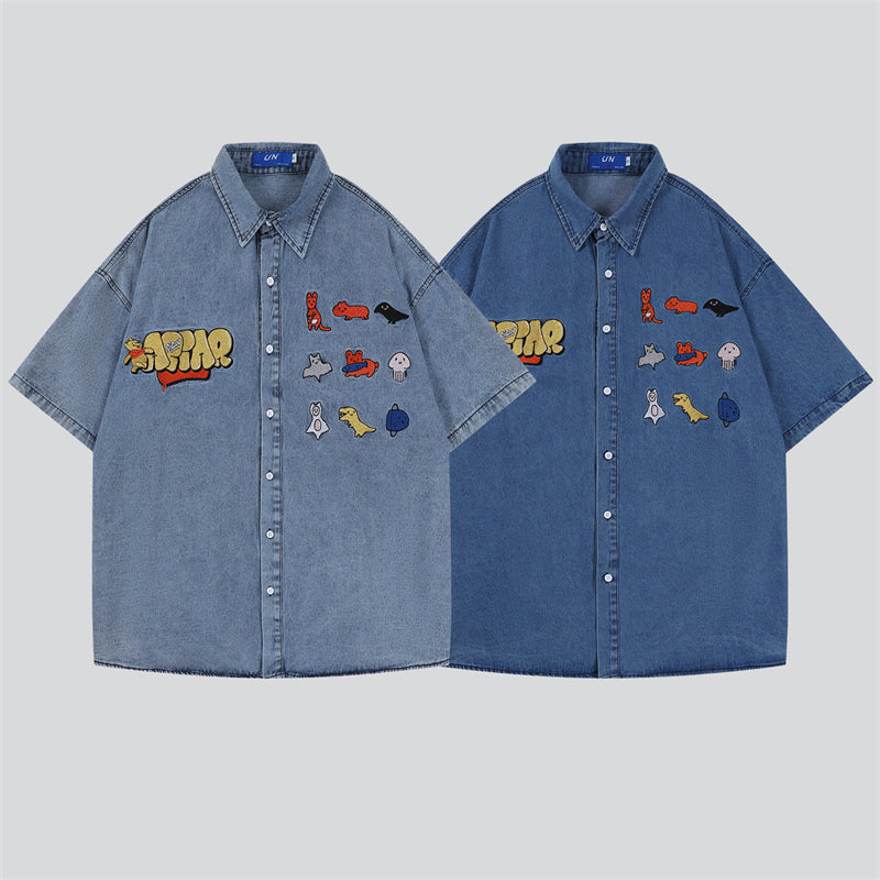 Animal Letter Embroidery Summer Denim Shirt