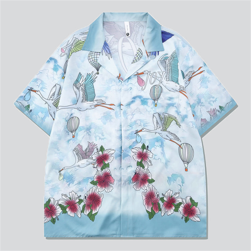 Red Hibiscus Flower Flying Crane Print Hawaiian Sets