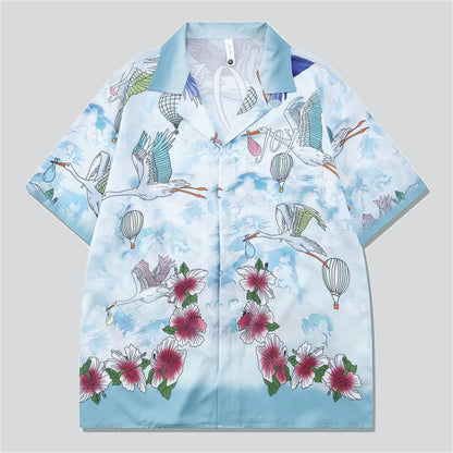 Red Hibiscus Flower Flying Crane Print Hawaiian Sets