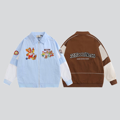 Cartoon Embroidery Colour Block Coat