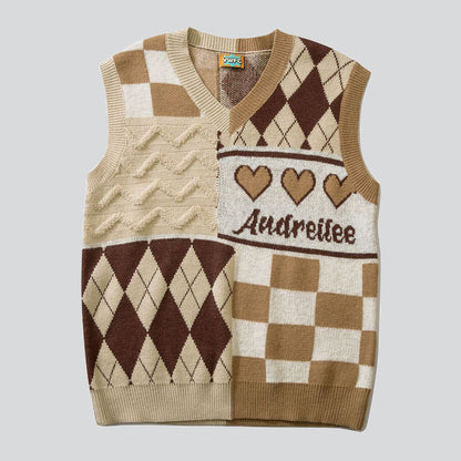 Vintage Plaid Love Heart Knitted Vest