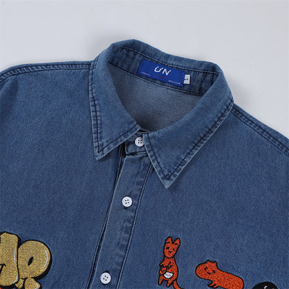 Animal Letter Embroidery Summer Denim Shirt