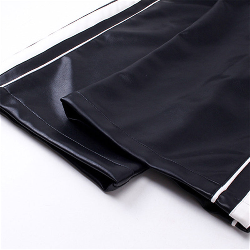 Artificial Leather Side Stripes Pants