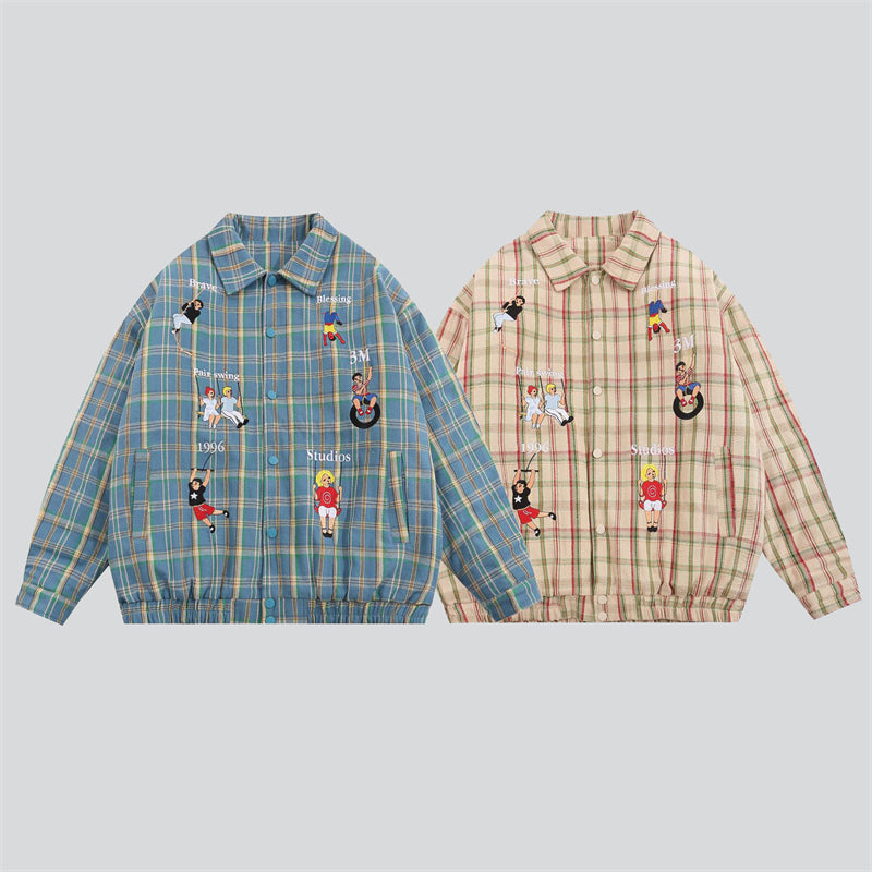 Cartoon Embroidery Plaid Baseball Jacket