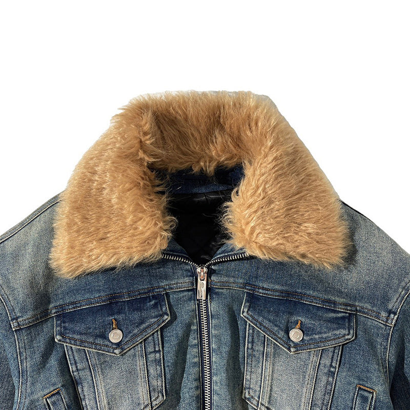 Removable Fur Collar Double-zip Denim Coat