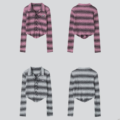 Cross Lacing Irregular Hem Striped Shirt