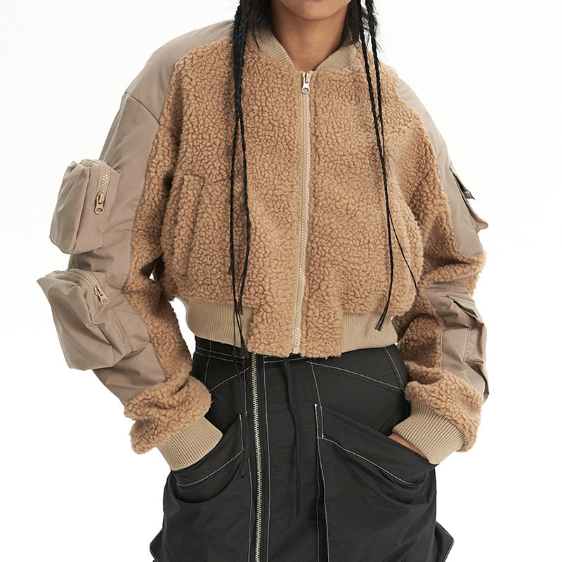 Faux Lambswool Multi-pocket Cropped Coat