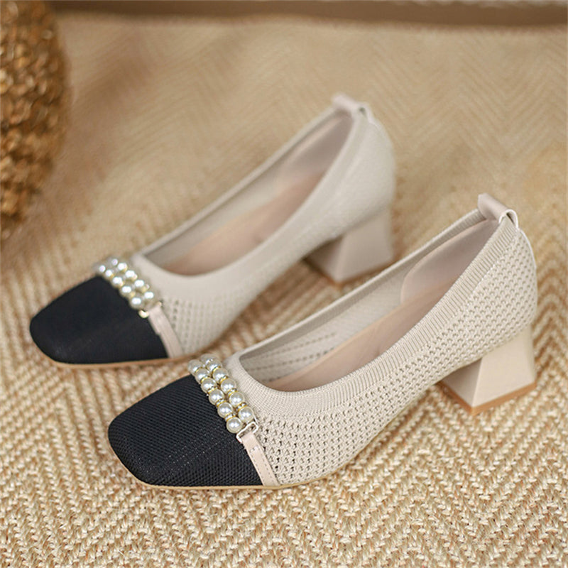 Elegant Pearl Bowknot Chunky Heels