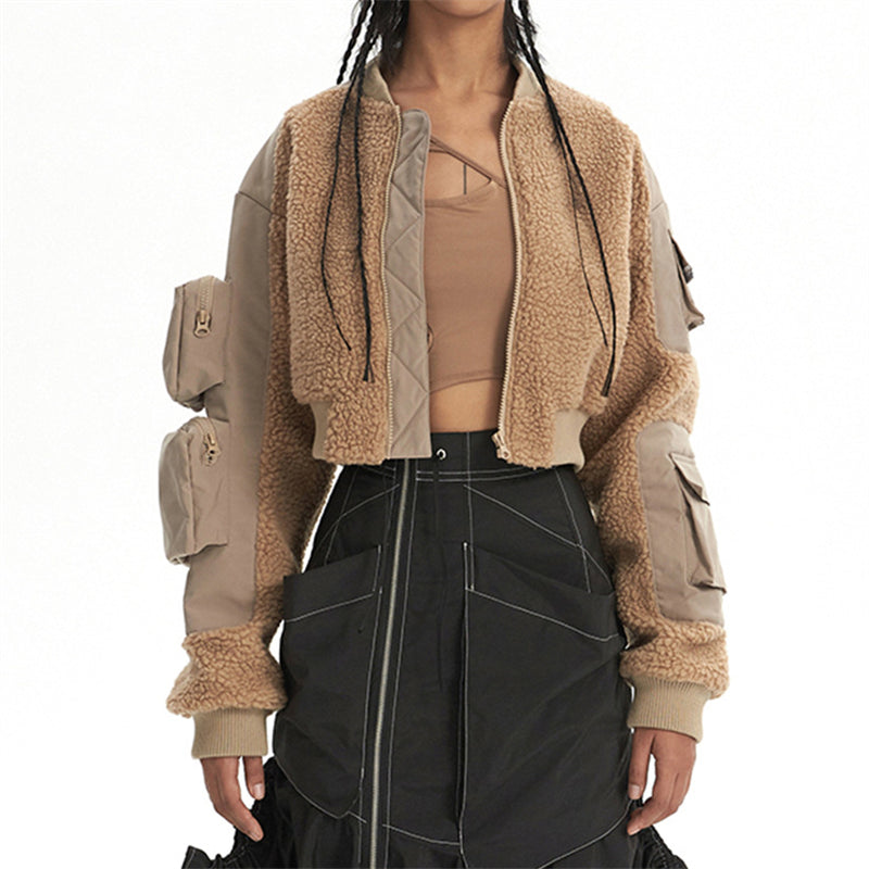 Faux Lambswool Multi-pocket Cropped Coat