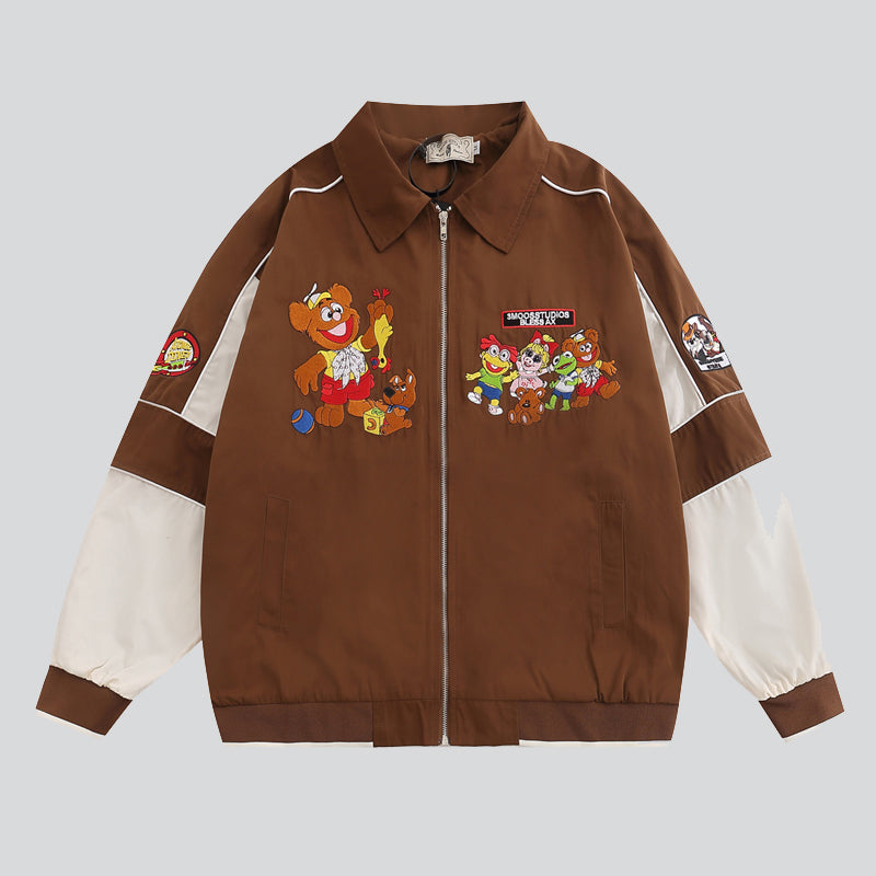 Cartoon Embroidery Colour Block Coat