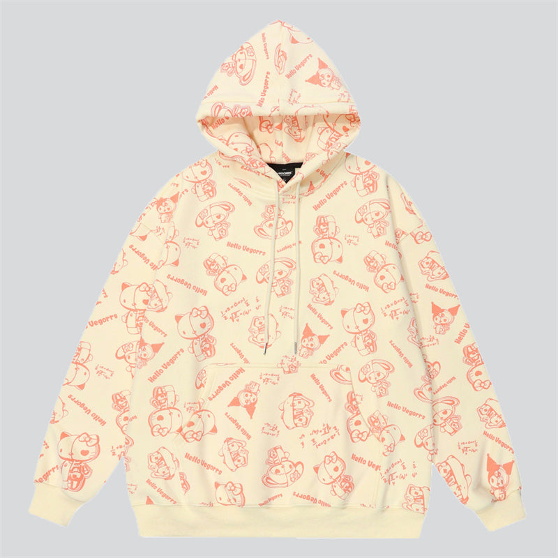 Lovely Kitty Print Plush Liner Hoodies