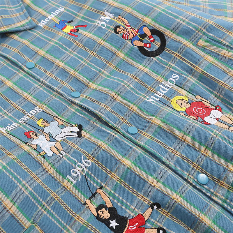 Cartoon Embroidery Plaid Baseball Jacket