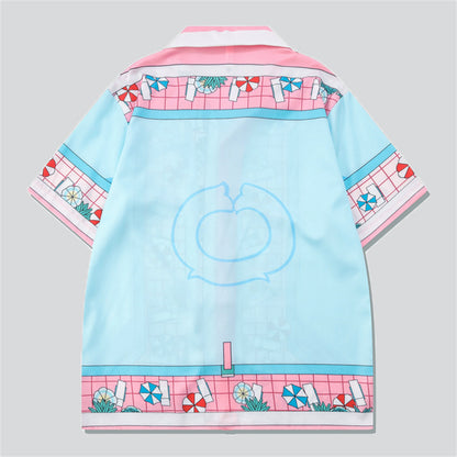 Pool Sunshade Print Blue Pink Short Sets