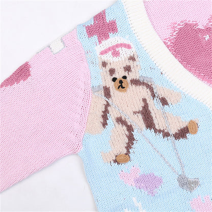 Lovely Pink Little Bear Heart Button Sweater