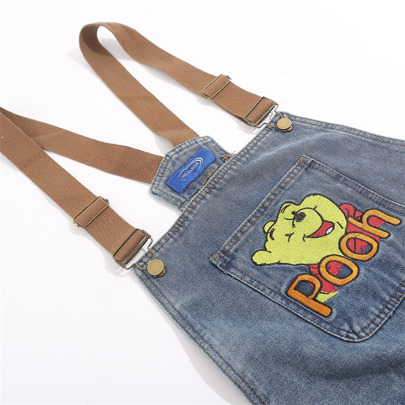 Classic Cartoon Embroidery Denim Overalls